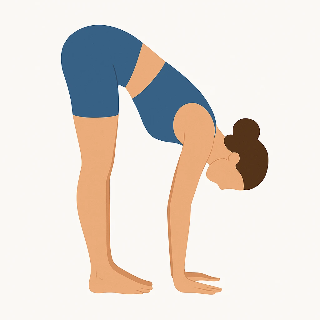 "Minimalist flat vector illustration of a woman doing yoga in forward fold pose (Uttanasana), wearing sportswear (blue top and blue shorts), brown hair in a bun, clean white background, no face details, elegant style" emoji