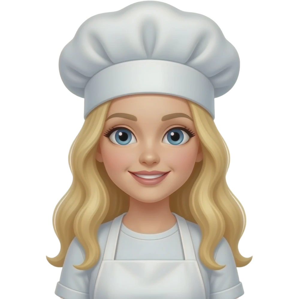 White girl long blond hair dressed in white chef hat and white apron, baking emoji