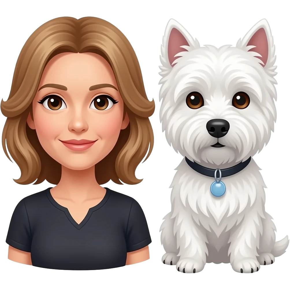 Middle age woman brown eyes , shoulder length light brown hair, with a female westie and a male westie emoji