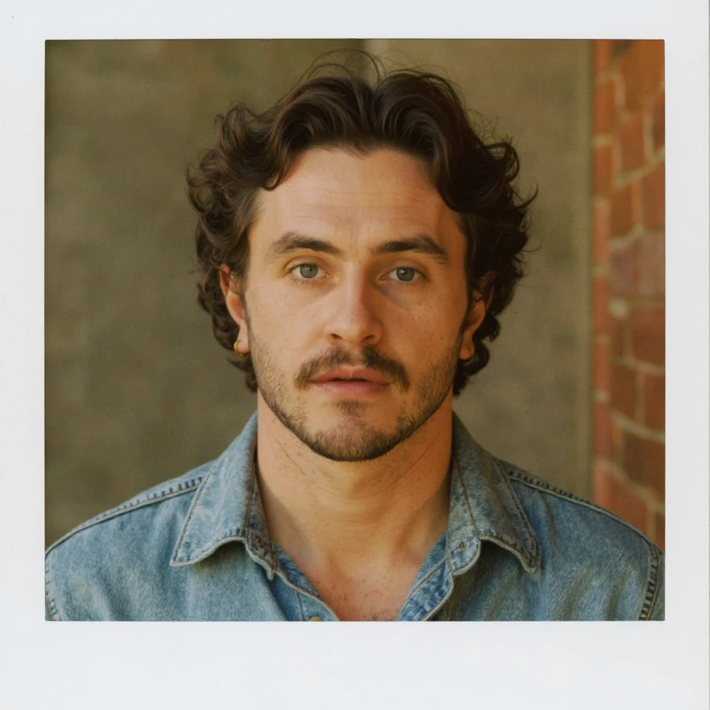 Polaroid style portrait illustration of Paul Mescal with curly hair, facial hair, and a thoughtful expression, warm tones, classic instant photo border, based on the reference photo. emoji