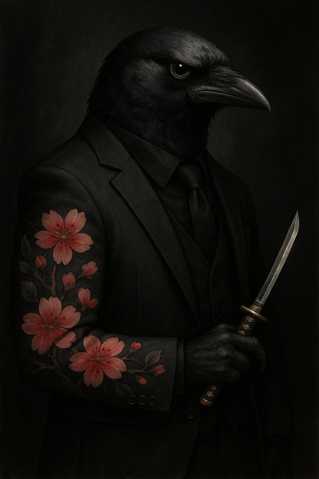 A crow in a yakuza suit, with a stern expression, holding a tiny katana, and a cherry blossom tattoo on its wing. emoji