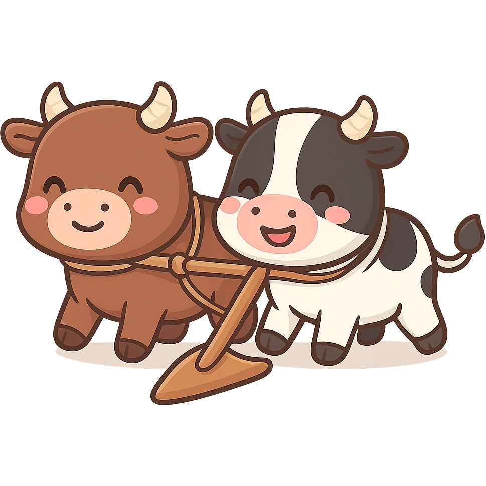 Edit the chibi cartoon sticker to place the yoke and traditional plow (نیر و ئامور) clearly between the two cows, matching the reference image. Use a cheerful and colorful style with a transparent background. emoji