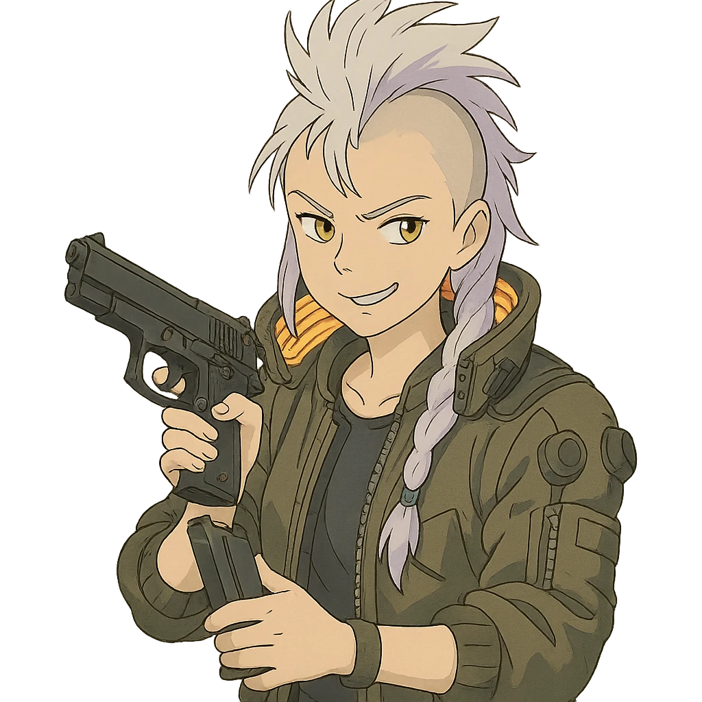 1 female, gold yellow eyes, white hair lavender tips, long white braid, unruly locks in front, mohawk, wearing trademark cyberpunk jacket with the lit up inner collar, reloading a m9 pistol with a smirk emoji