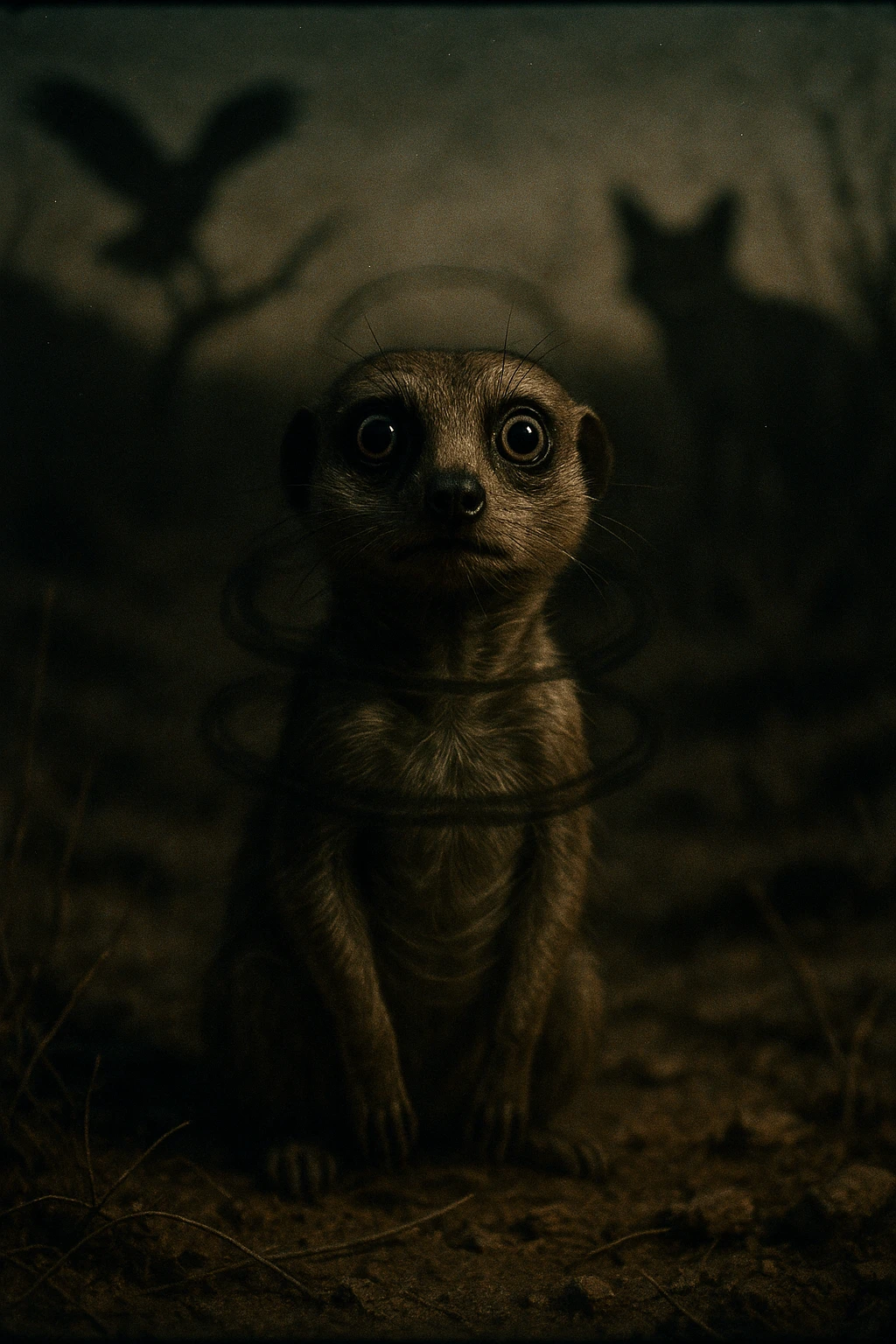 A hyperrealistic, cinematic illustration of a small wild animal, such as a rabbit or a meerkat, with wide, alert eyes and tense body posture, standing in a dry, rugged environment with predators lurking in the shadows. The animal's chest is visibly rising and falling rapidly, representing short, shallow breathing due to constant fear and vigilance. The background is dimly lit, with faint shadows of predators like hawks or foxes barely visible, symbolizing the ever-present threat. Around the animal, subtle visual representations of tension and stress appear as tight, dark rings or smoke near its chest and head, while the environment feels heavy and oppressive. The color palette is muted earth tones, with sharp focus on the animal’s tense face and rapidly moving chest, while the environment around is slightly blurred, emphasizing the feeling of isolation and perpetual fear. The style is 35mm film hyperrealistic with a storytelling, National Geographic documentary aesthetic, capturing the concept of an animal constantly living in fight-or-flight, breathing fast and shallow to survive emoji