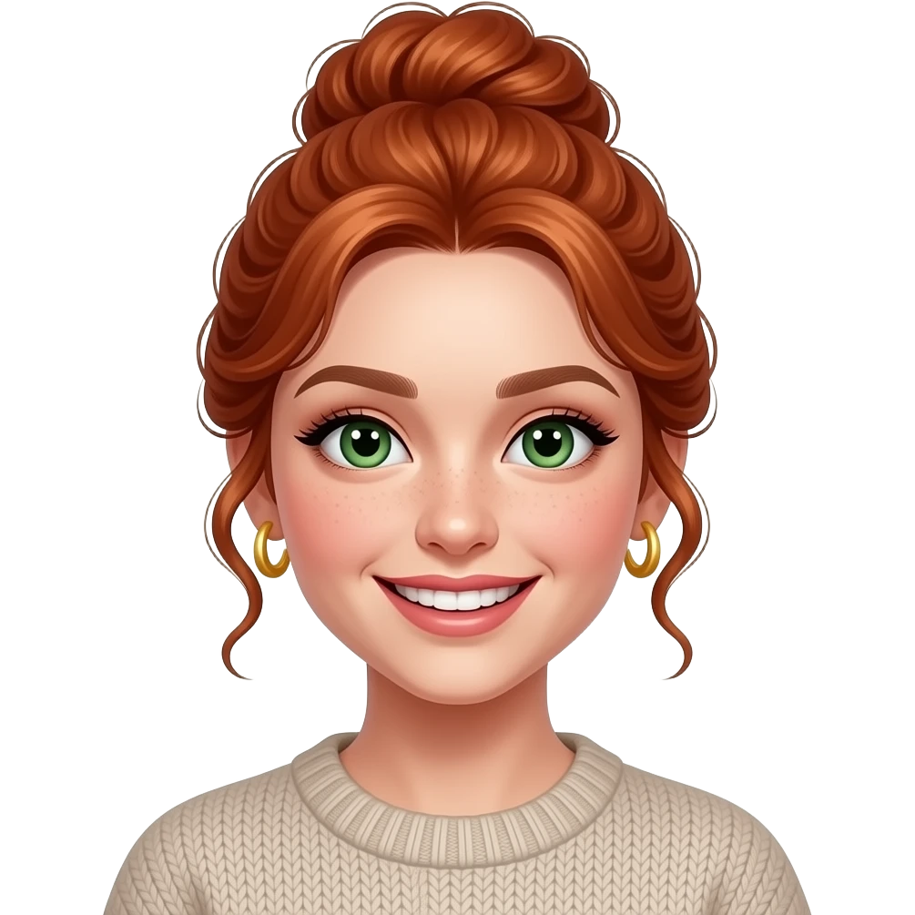 très jeune femme rousse, yeux verts, cheveux en chignon haut ondulés, grand sourire charmeur sans les dents, maquillage, botox, pull, anneaux dorés aux oreilles emoji
