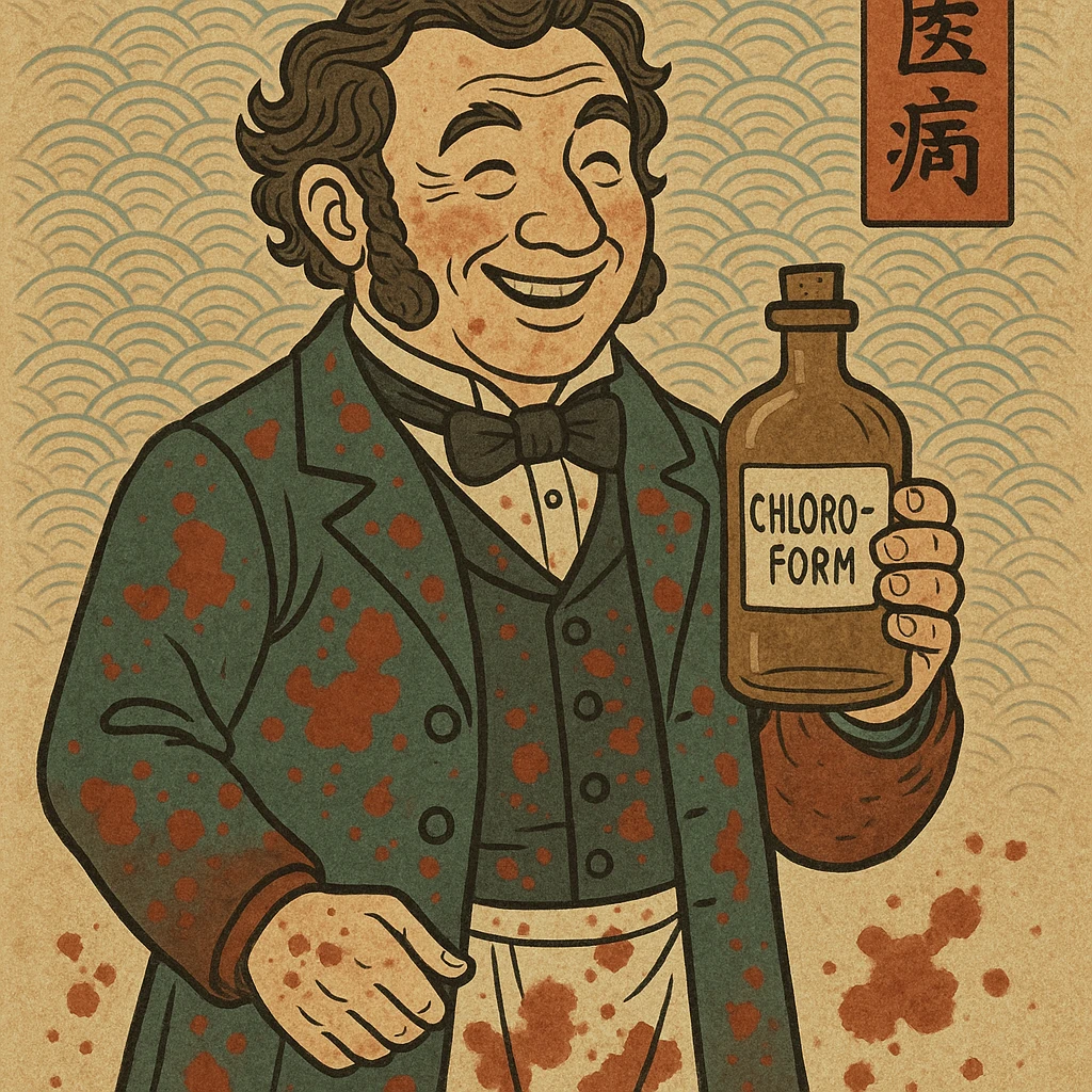 Victorian surgeon looking happy covered in blood stains and holding a bottle of chloroform emoji