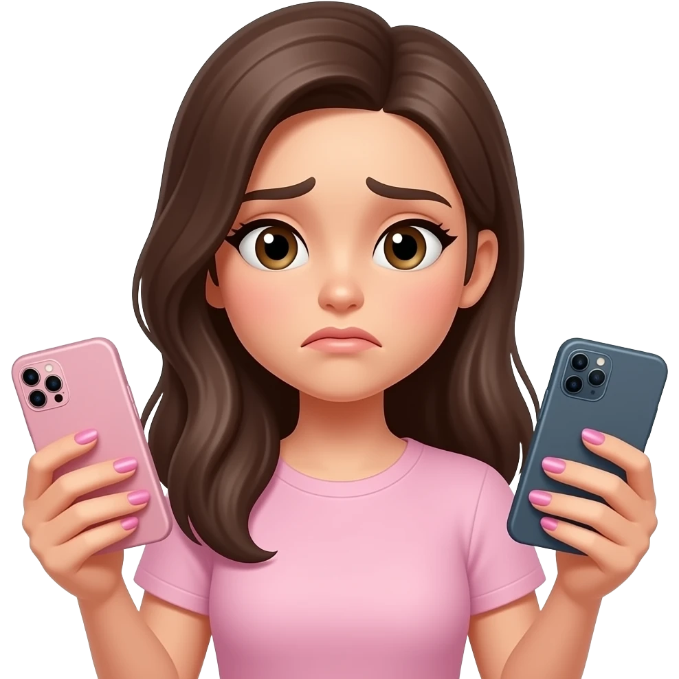 aesthetic emoji girl, slightly stressed expression, holding 2 smartphones in one hand, distracted, trendy nail art, soft pink and nude tones, minimal makeup, clean background, soft lighting, girly aesthetic, 3D emoji style, high detail emoji