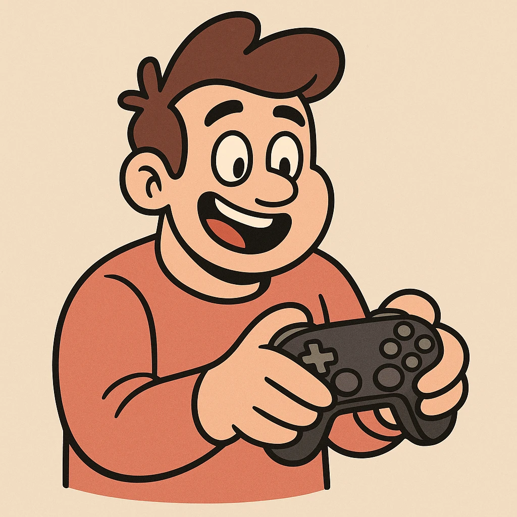 game player icon, playful character holding a game controller, friendly and inviting, rounded shapes emoji