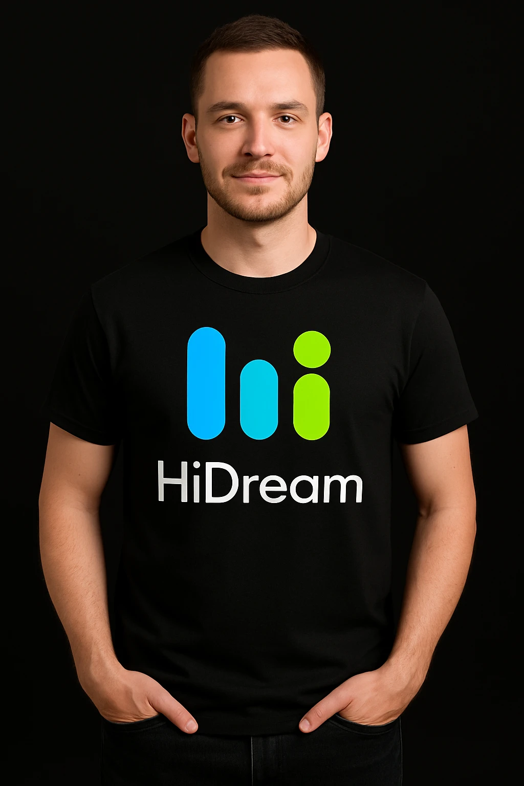 man wearing tshirt with this logo, black background  emoji