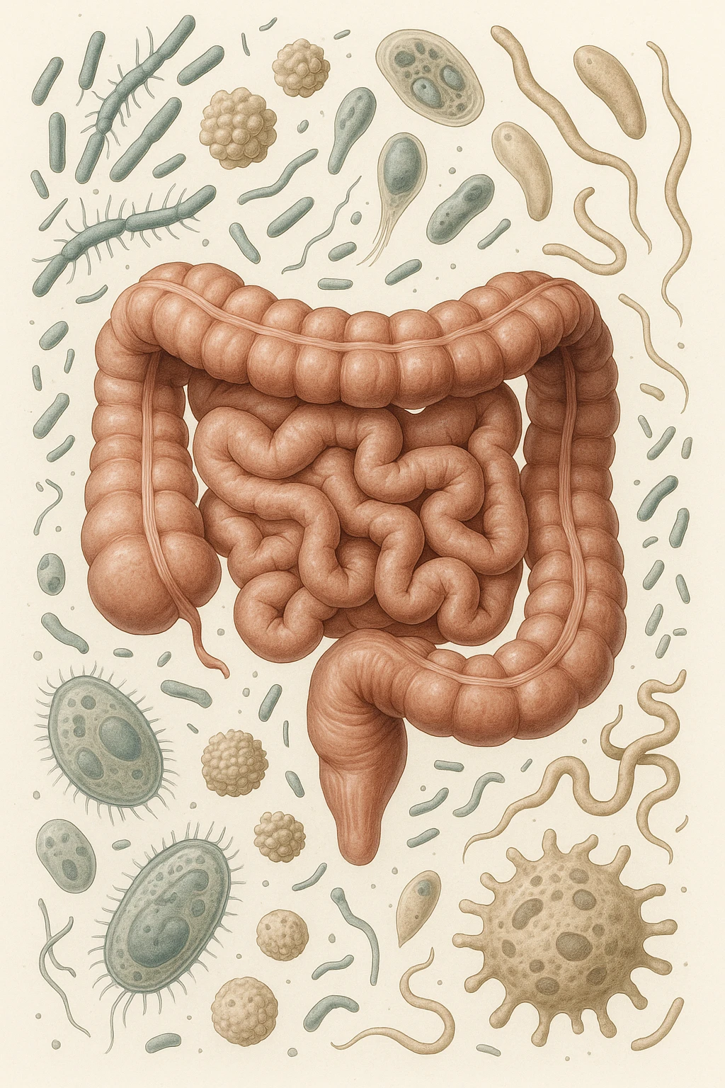 INTESTINO UMANO ANATOMICO CON BATTERI E PARASSITI INTORNO, SFONDO CHIARO NEUTRO, IPERREALISTICO 4K emoji
