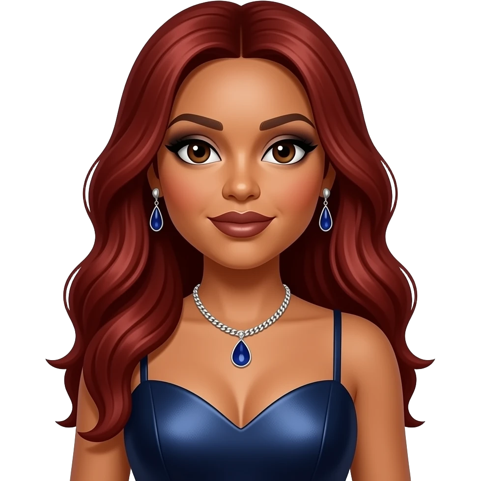 Traci Braxton from The Braxtons with dark brown eyes, long red hair, black eyeshadow, dark brown lipstick, dark indigo metallic sweetheart dress, necklace and earrings emoji