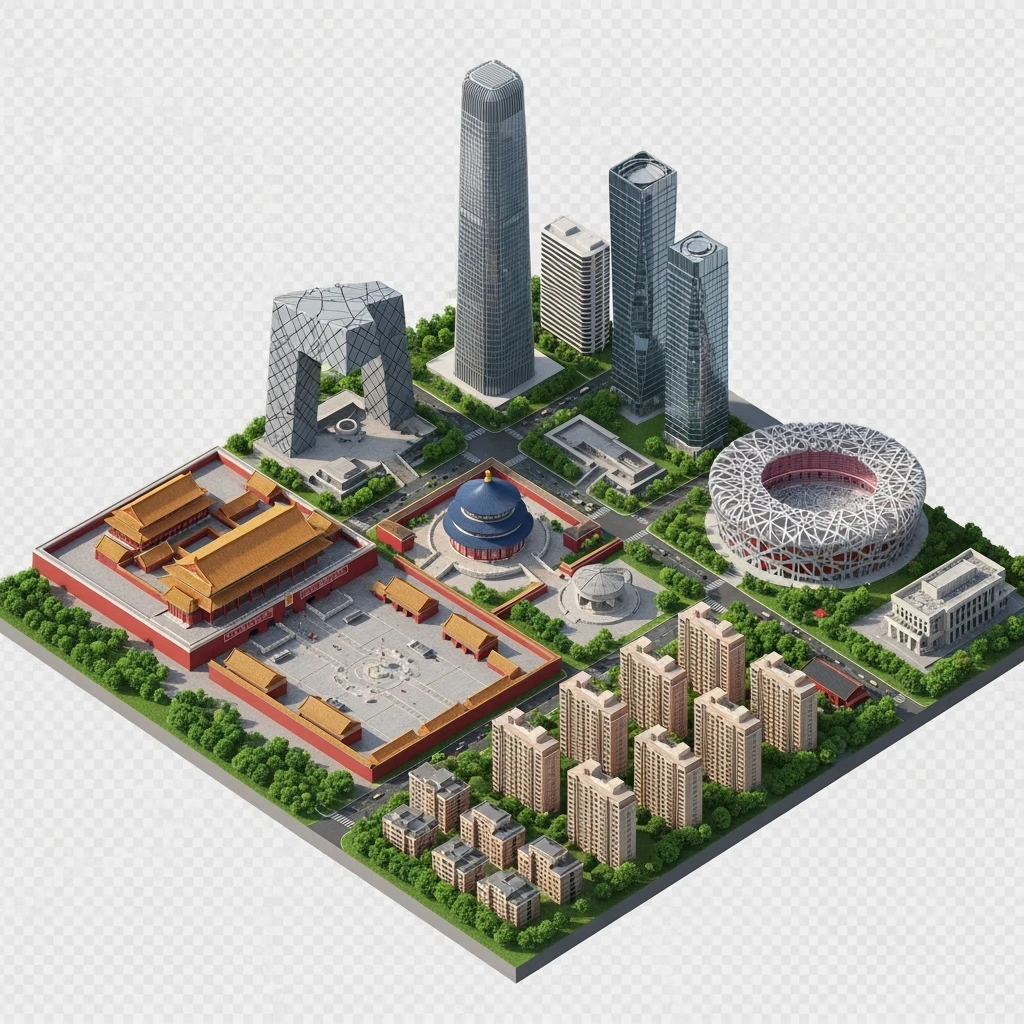 Isometric miniature of Beijing Forbidden City, Tiananmen Square, CCTV Headquarters, Temple of Heaven, China Zun skyscraper, Bird’s Nest Stadium, Beijing apartment blocks, 3D miniature effect and Tilt Shift effect, no cartoonish look, transparent background, don't cut angles emoji