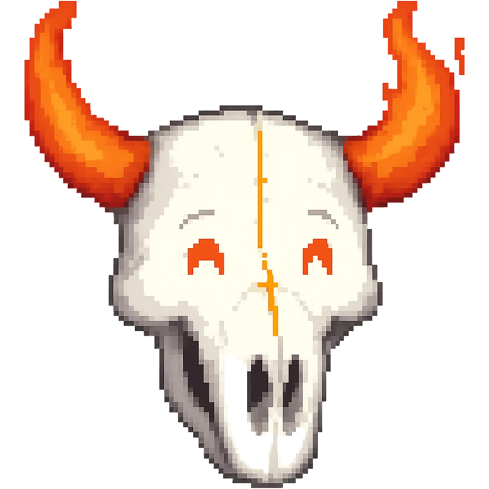 Make the white bull skull with bright red-orange flaming horns look less scary, give it a friendly and approachable expression, keep the style consistent. Remove the background. emoji