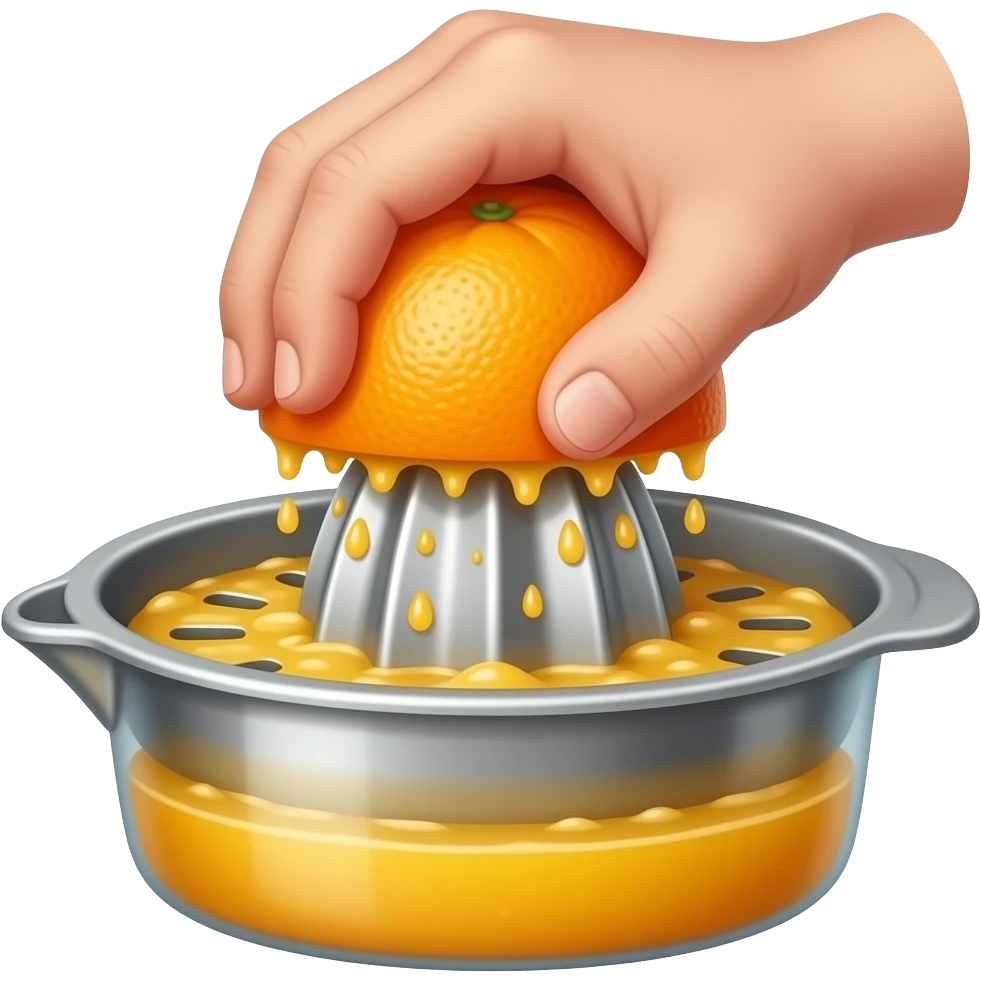 A close-up of hands squeezing half an orange on a manual citrus juicer.  Fresh orange juice is dripping down while the hand presses firmly.  The metal juicer is placed on a container filled with juice and pulp emoji