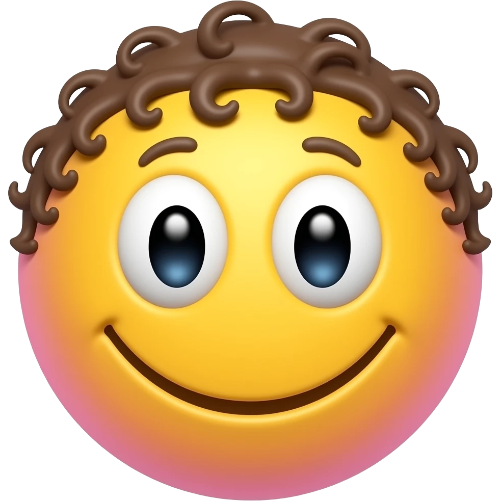 Je veux que tu me créées un smiley. Il est en forme de cercle. Il a de grands yeux globuleux. La couleur de sa peau est jaune dégradé rose. Il a quelques cheveux frisés sur la tête. emoji