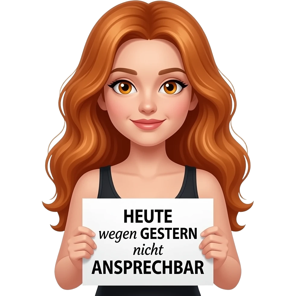 sexy girl with long wavy ginger hair and ginger eyes wearing a black tanktop is holding a white colored sign with HEUTE wegen GESTERN nicht ANSPRECHBAR written on it emoji