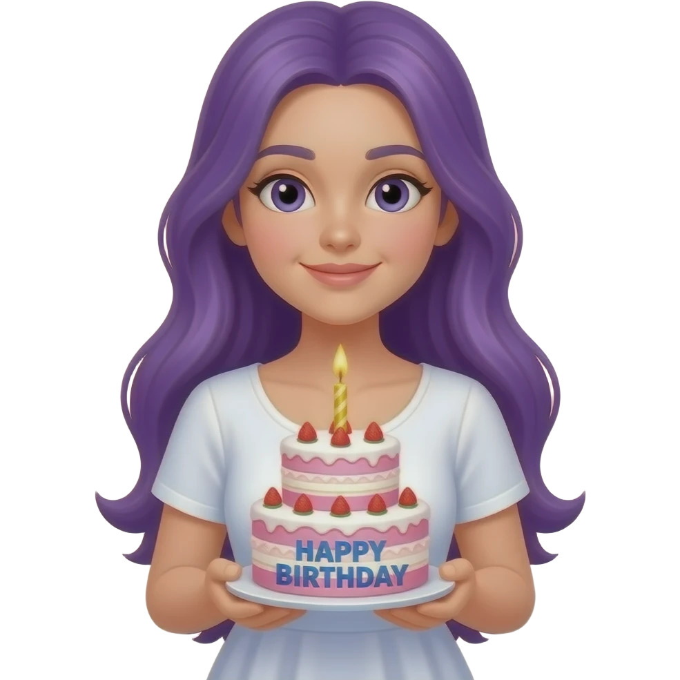girl with long purple hair holding a birthday cake and a HAPPY BIRTHDAY sign emoji