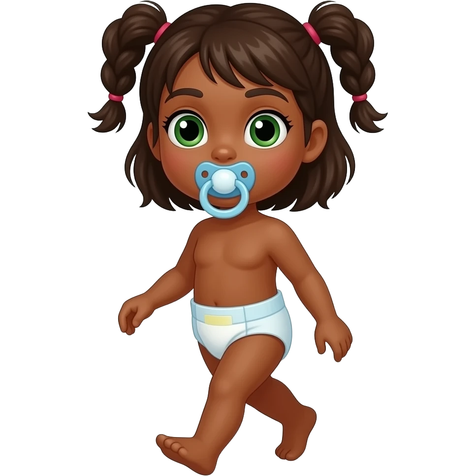 Brown-skinned green-eyed girl walking and wearing a cloth diaper sucking on pacifier emoji
