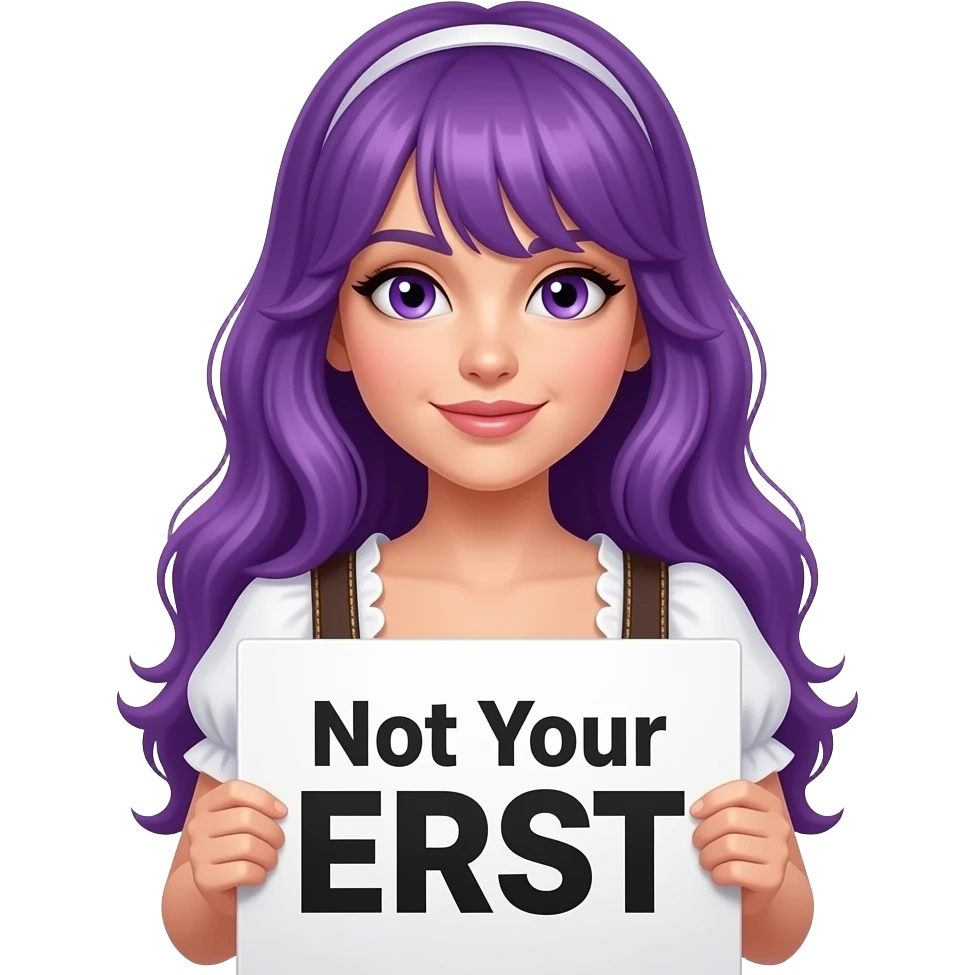sexy girl with long purple hair and purple eyes wearing a dirndl holding a Not Your ERNST sign emoji