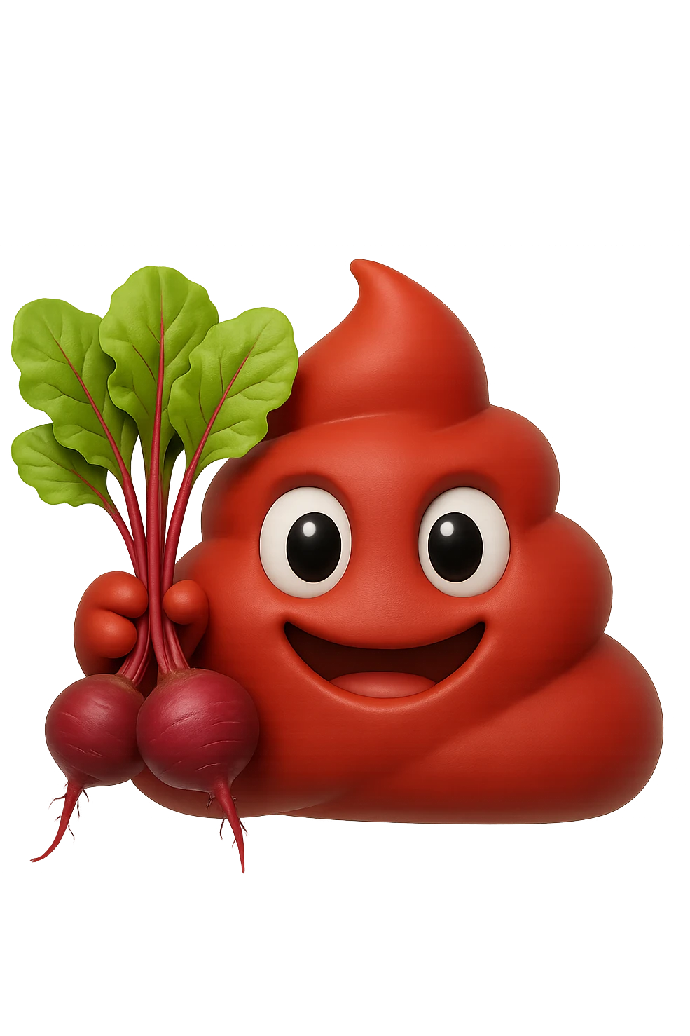 emoji stile iphone 3d di una cacca rossa con barbabietole in mano, iperrealistiche 4k emoji