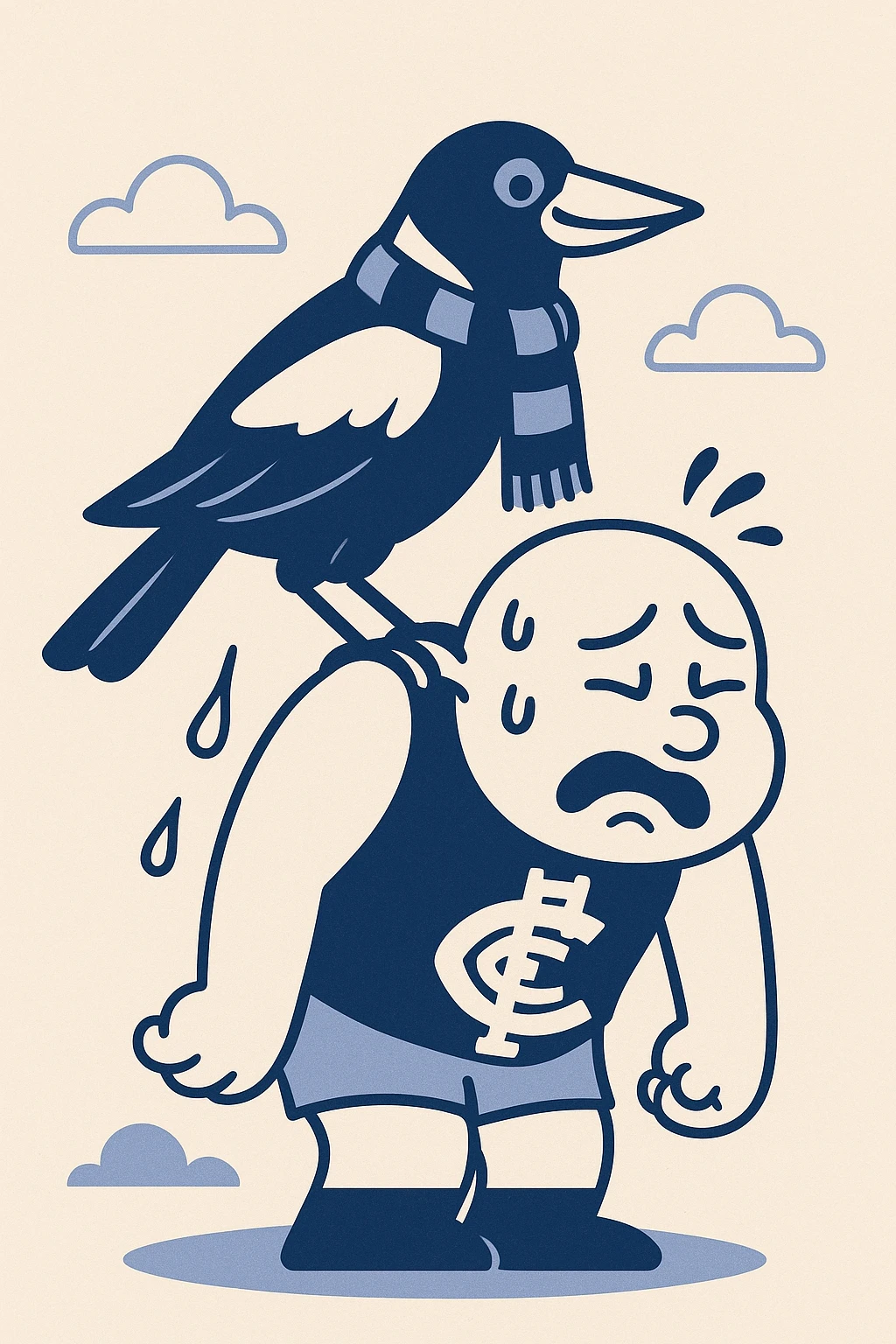 sports cartoon of a cheeky magpie with Collingwood scarf pooping on a distressed Carlton mascot, AFL theme emoji
