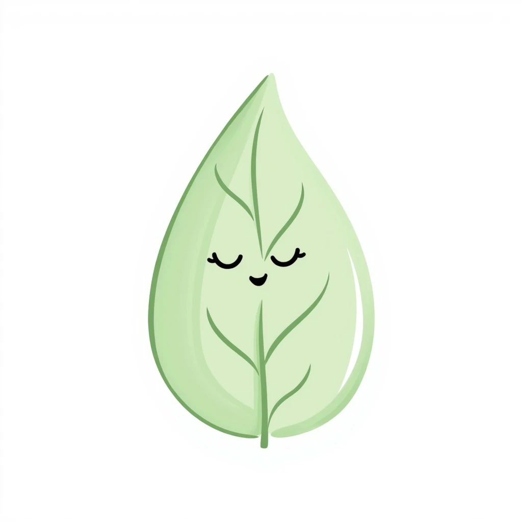 minimal hand drawn digital illustration of a light green leaf character, symmetrical and cute, calm happy face, soft digital brushwork, subtle textures, clean look for mobile app use emoji