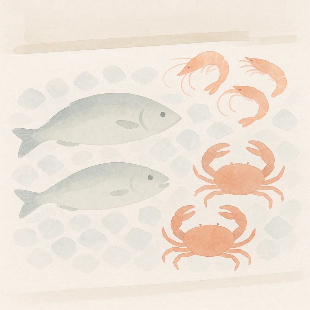 soft watercolor illustration in a minimalist modern style of a fresh seafood display with fish, shrimp, and crabs on ice, in a restaurant or market setting, pastel colors, delicate linework, gentle whimsical mood, minimal soft shading emoji