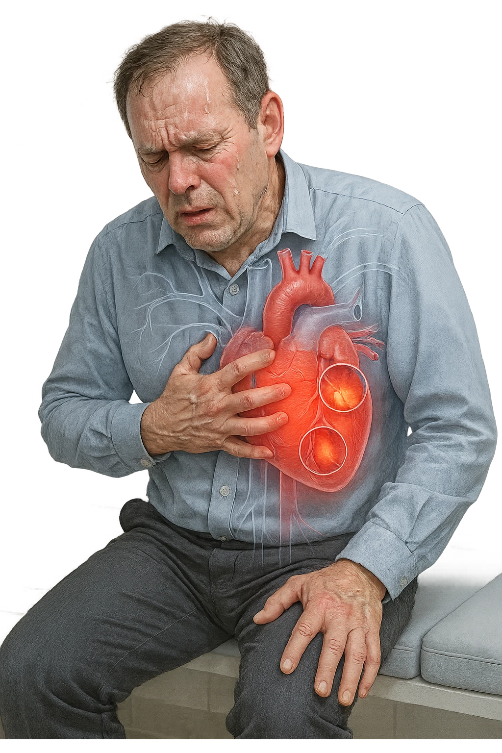 a middle-aged man sits on a bench, clutching his chest with a pained expression. His face is pale and sweaty, and his posture is hunched forward. A transparent overlay reveals his heart and major blood vessels, with highlighted areas indicating blockages or damage. The background is clean and clinical, with subtle medical icons. emoji