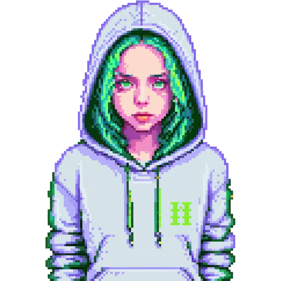pixel art portrait of Billie Eilish, neon green highlights, hoodie, minimalist style, pop music vibe emoji