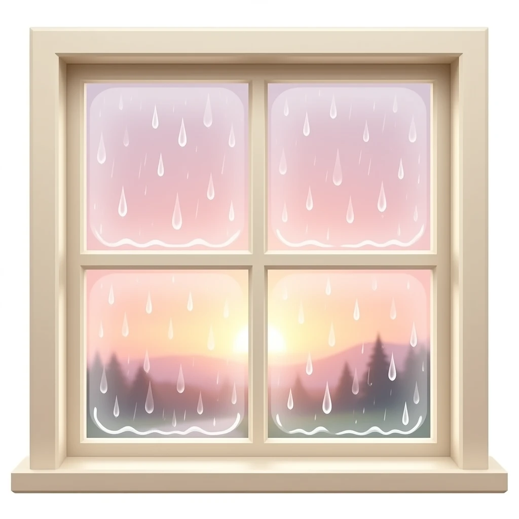 window with rain, warm beige tones, soft pink light emoji