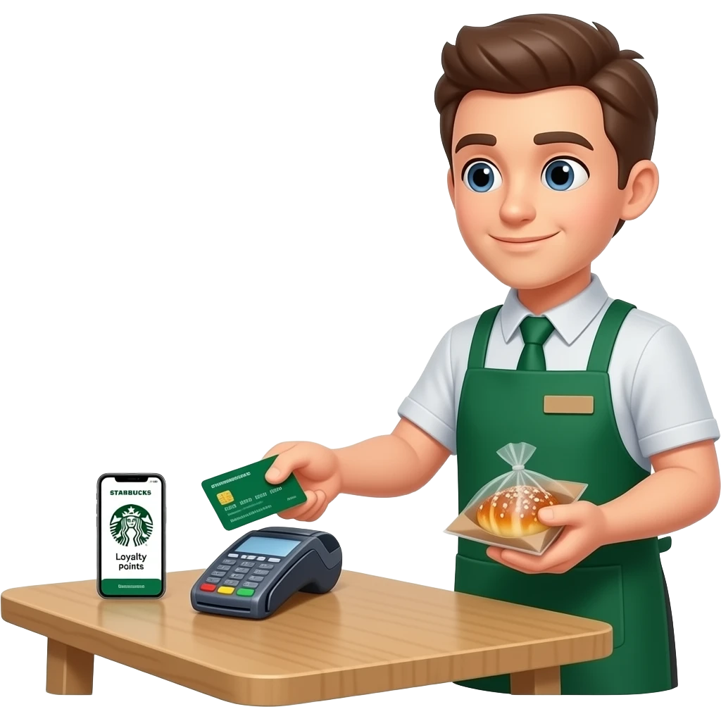 Please show hands of customer left hand they should be paying with their card on POS SYSTEM , have their phone on the table with the starbucks loyalty point and the cahsier should be handing them a pastry in a starbucks packaging emoji
