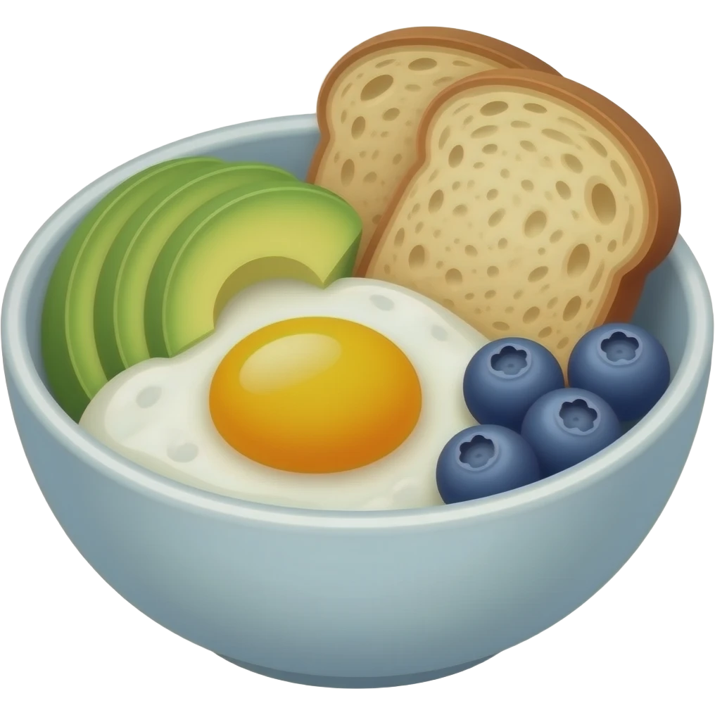 bowl with sunny side eggs avocado blueberries sourdough emoji