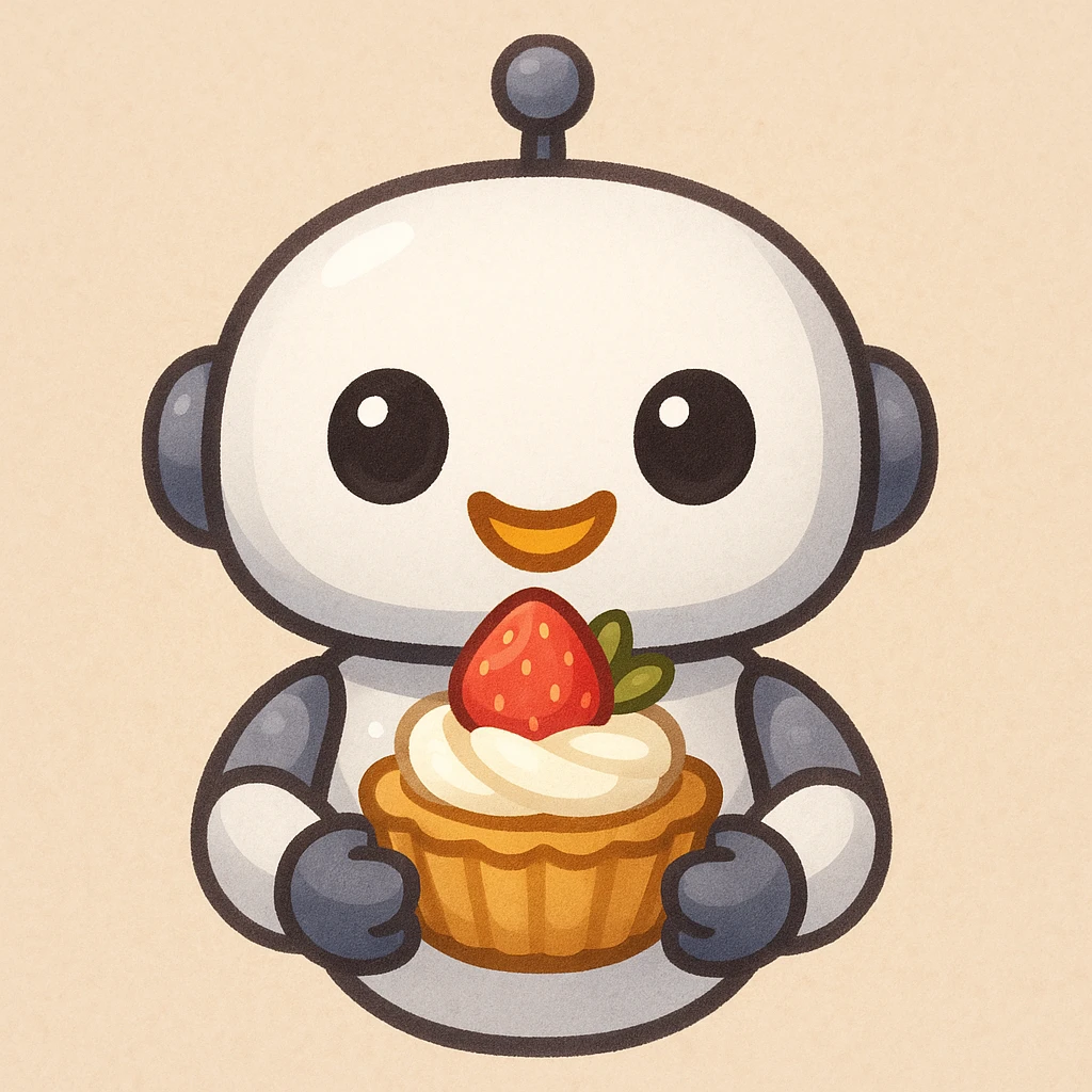 The cute robot is holding dessert in its hands, emoji emoji