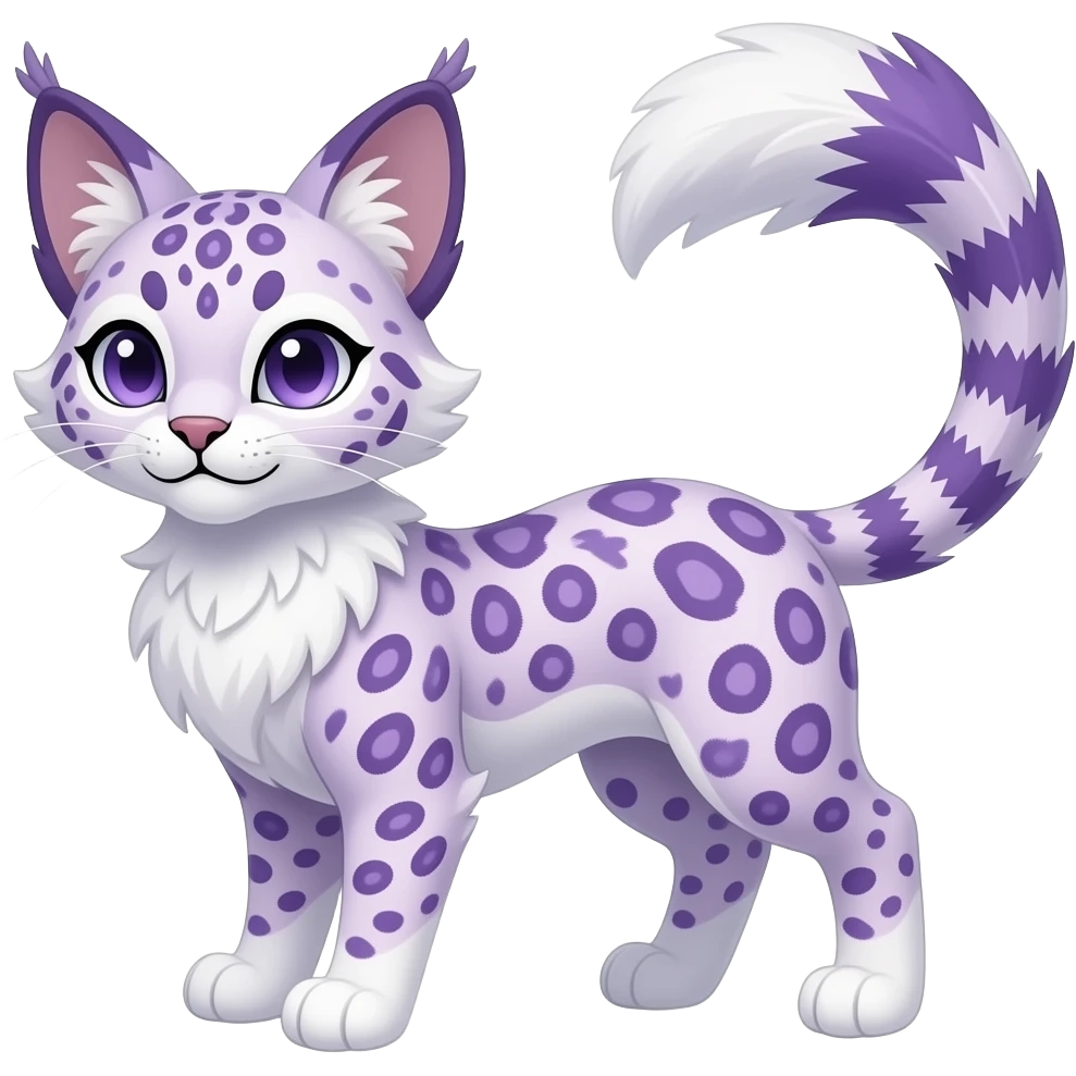 cute beautiful elegant lanky feathery, thistle-purple, whitish, fantasy-caracal-civet-snow-leopard-bobcat-genet-animal-Fakémon-hybrid, long thin tufted tail emoji