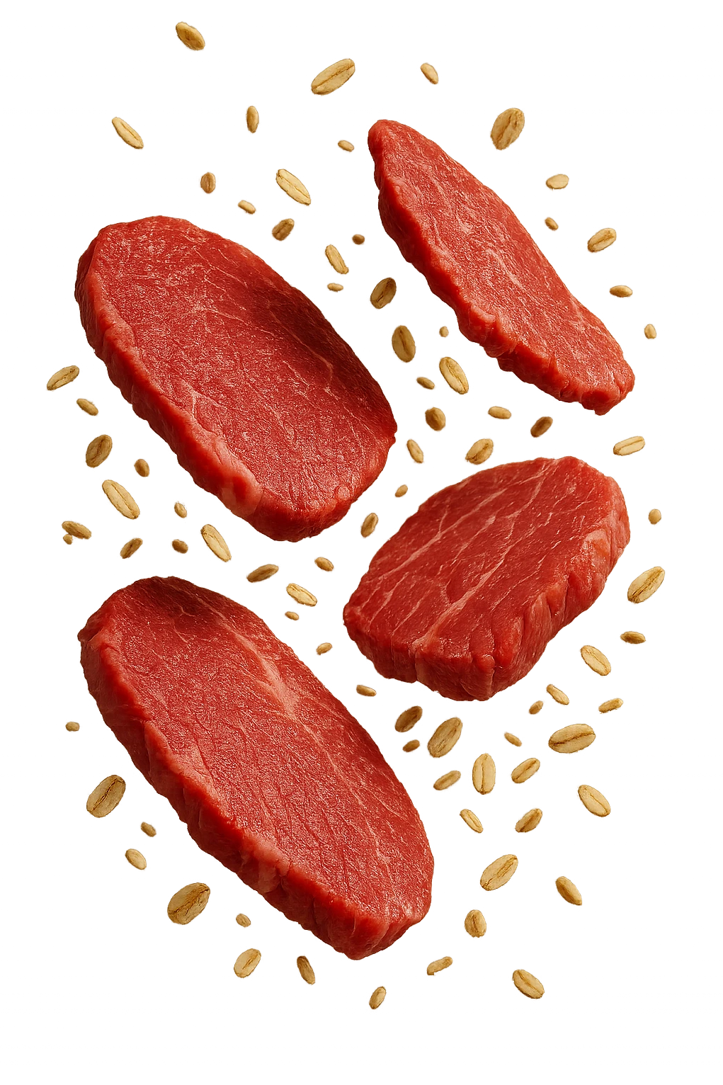 FETTINE DI CARNE FLUTTUANO IN ARIA INSIEME A FIOCCHI DI AVENA, IPERREALISTICO 4K emoji