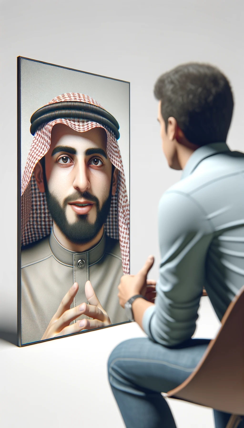 una persona parla e un altra persona di spalle lo ascolta, immagine iperrealistica 4k, sfondo chiaro emoji