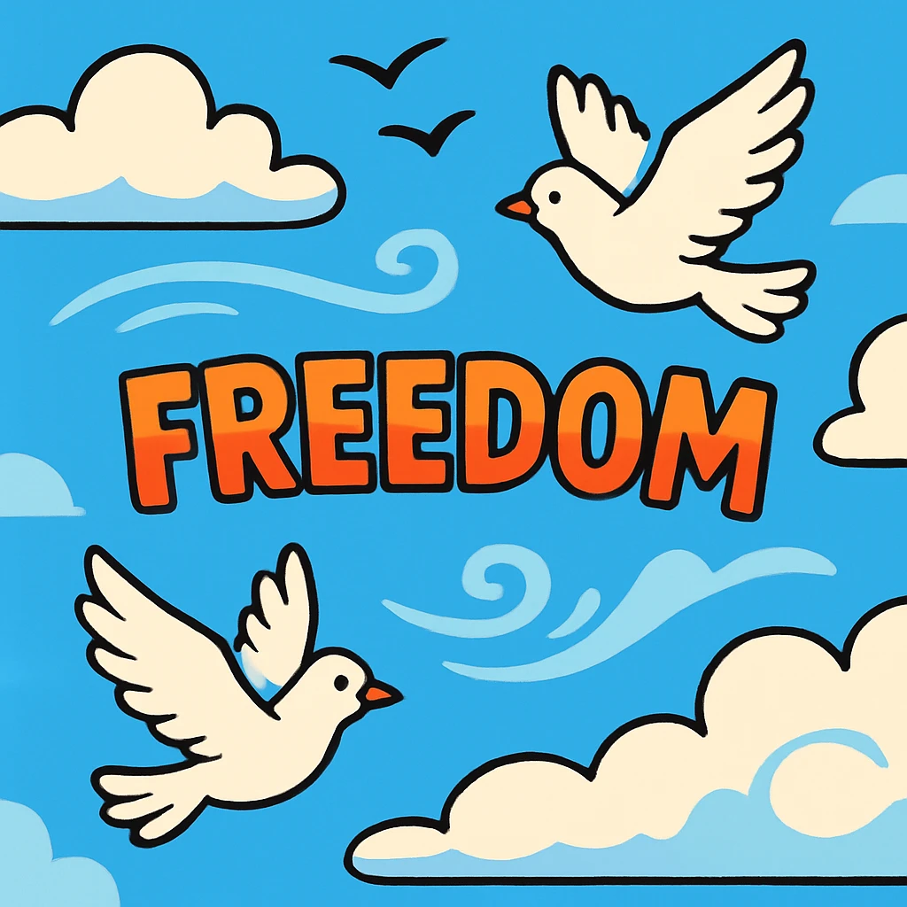 the concept of freedom, open sky with clouds, cartoon style emoji