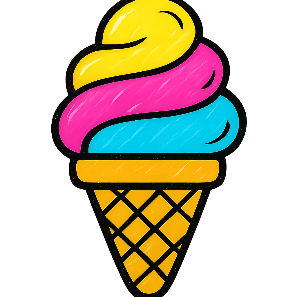 A bright and cheerful icon of a rainbow-colored ice cream cone emoji