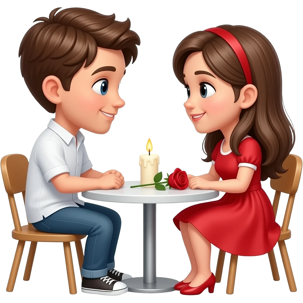 Doi oameni tineri stau la o masă mică, față în față. Un băiat cu păr șaten și cămașă albă și o fată cu păr lung și rochie roșie. Pe masă este o lumânare aprinsă și un trandafir. Ei zâmbesc și se privesc în ochi, într-o atmosferă romantică de Valentine’s Da emoji