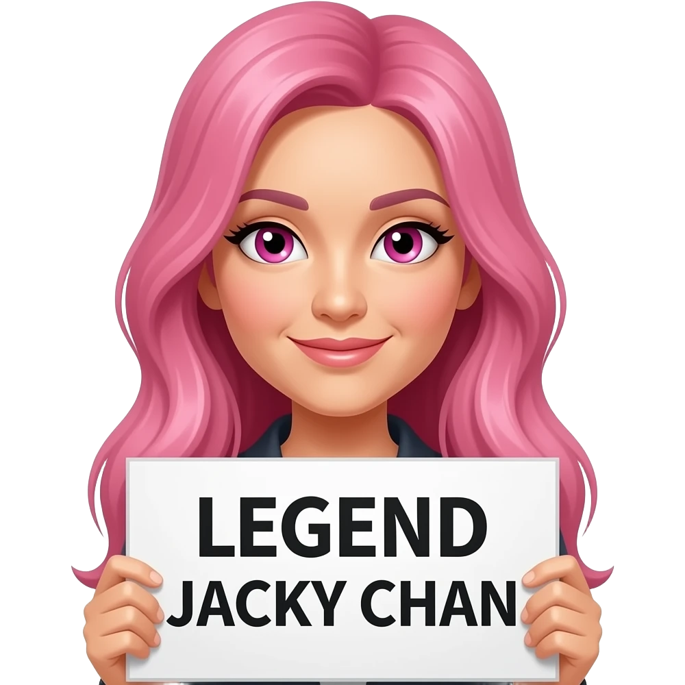 sexy girl with long pink hair and pink eyes holding LEGEND JACKY CHAN sign emoji