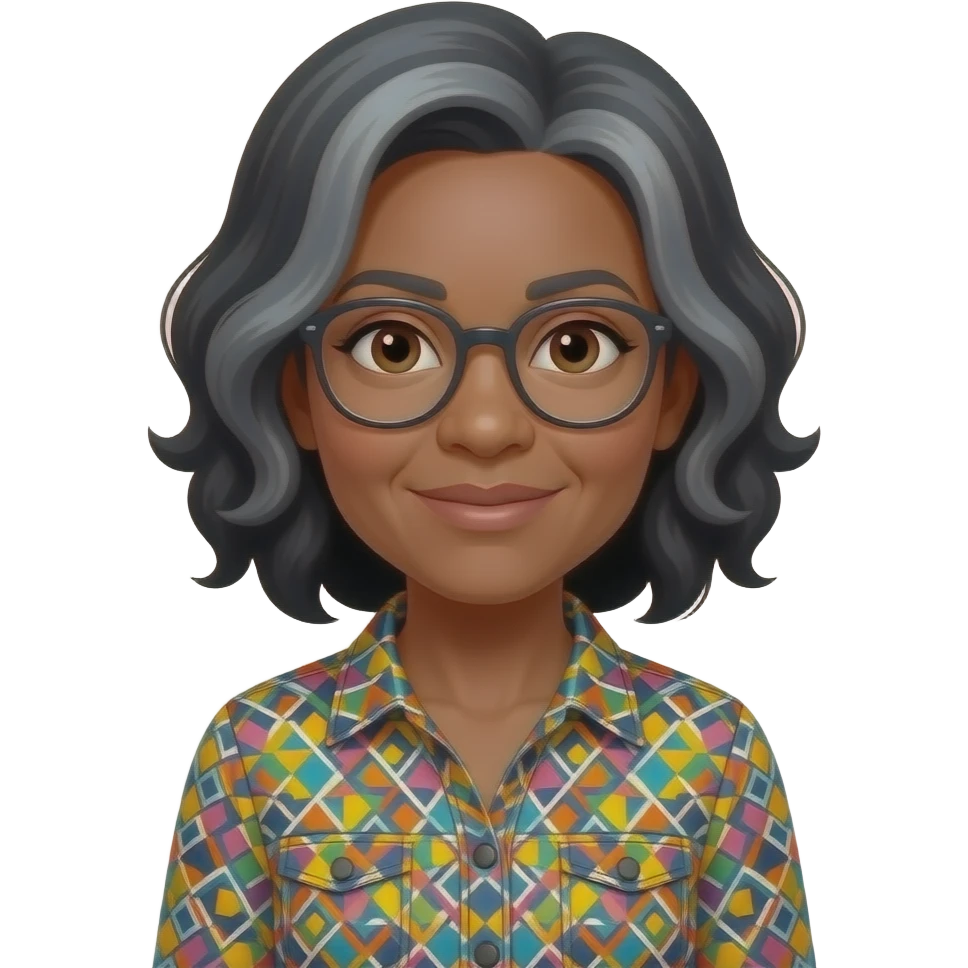female, early 60s, round face, african decent, colourful blowse top, grey and black wavy hair emoji