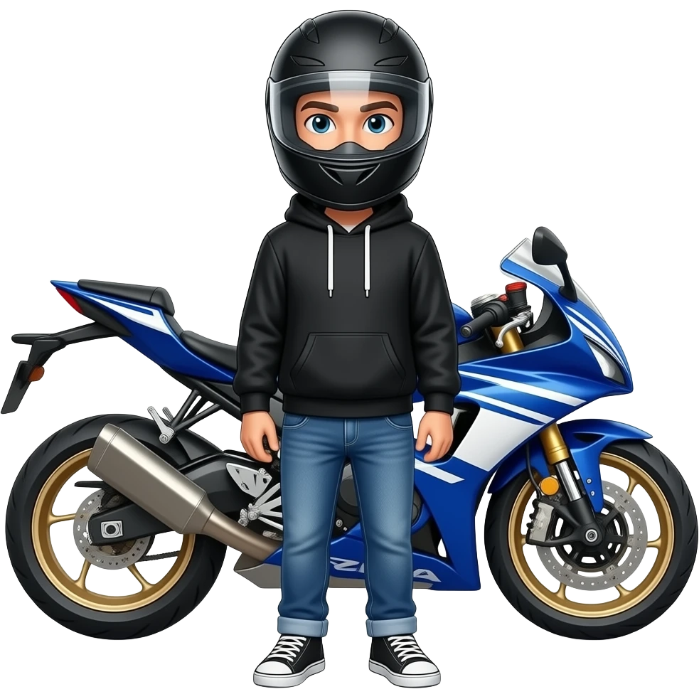 young man with blue jeans and a black hoodie wearing a black motorcycle helmet, it covers his face completely and in front of him is standing a blue white motorcycle emoji