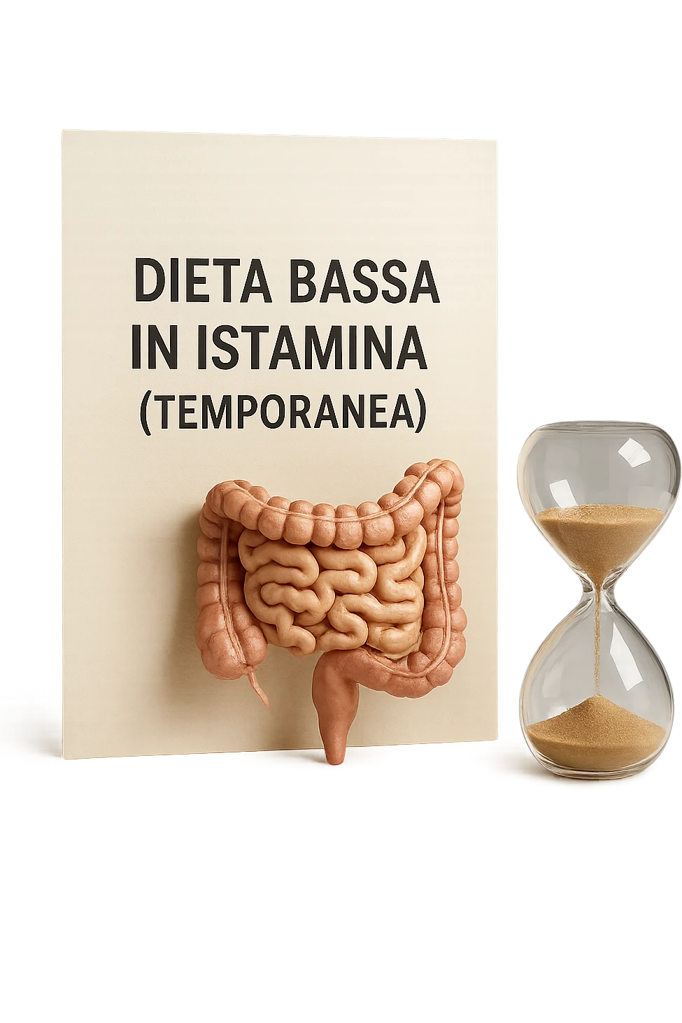 foglio di carta di una dieta con la scritta "DIETA BASSA IN ISTAMINA (TEMPORANEA), E ACCANTO CI METTI UN INTESTINO IN MINIATURA E UNA CLESSIDRA, iperrealistico 4k emoji