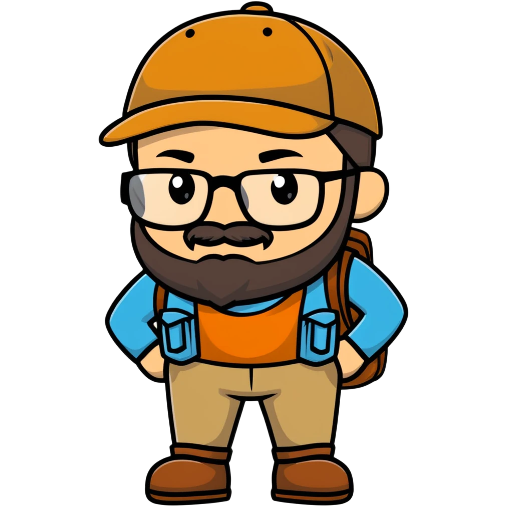 Adventurer with glasses, a beard and tan colored cap emoji