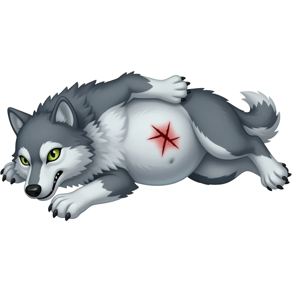 Hazme un lobo durmiendo y estirado. Tiene que tener mucha barriga. Tiene que ser malo. Tiene que tener una herida en la barriga emoji