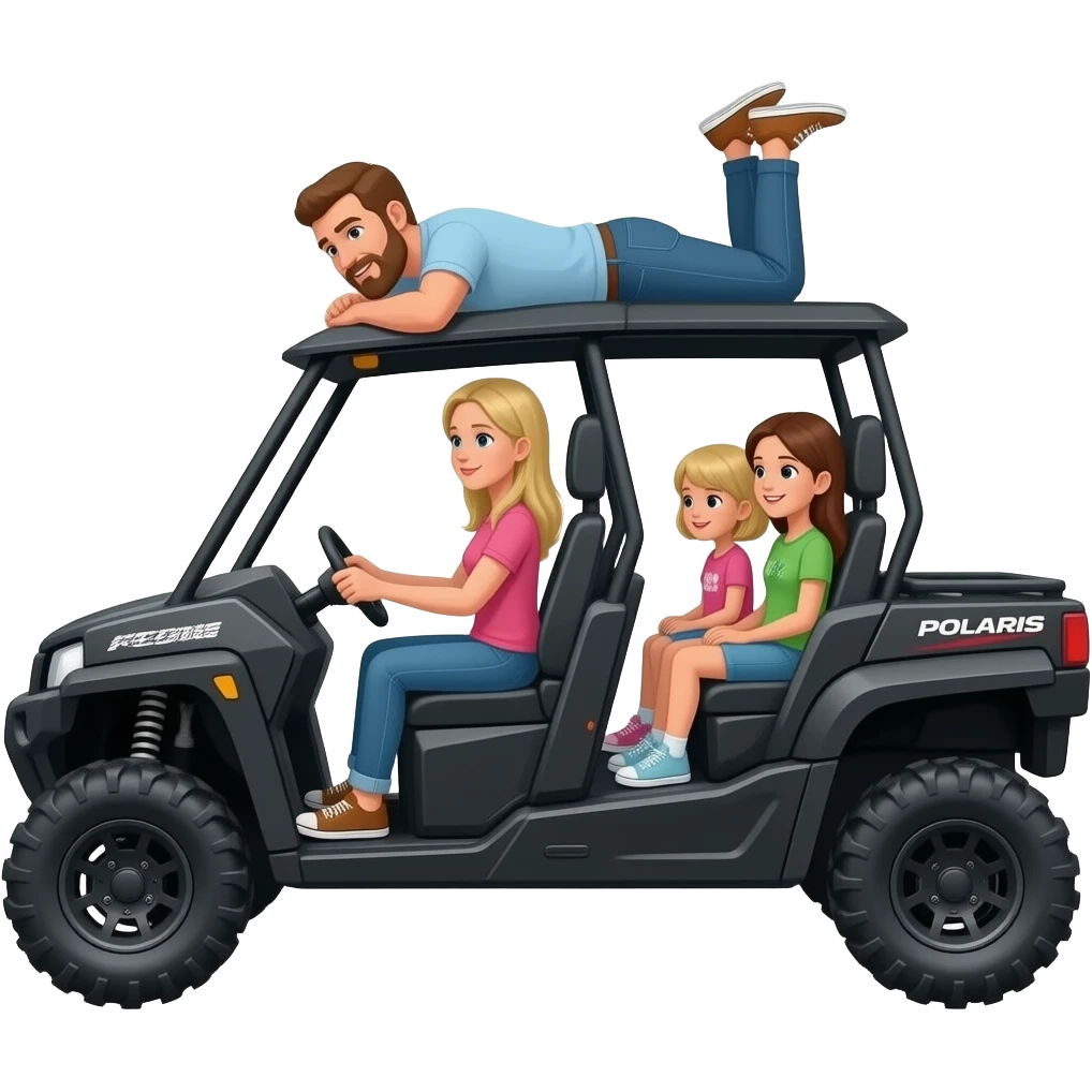 Side view Black 4 door sxs Polaris ranger atv  dad with beard laying on top being silly and blonde long hair mom driving and two kids (girls younger is blonde older is brown) in back emoji