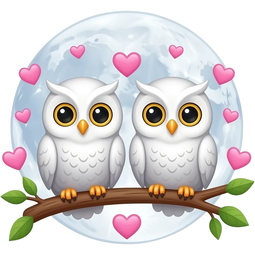 2 cute white owls sitting on a branch with floating pink hearts and a moon emoji