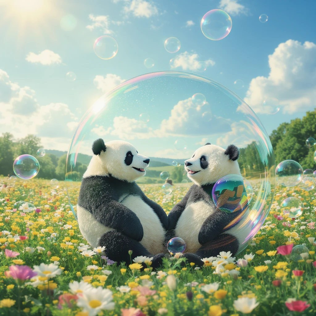 Cinematic still pandas bears sitting inside bubbles flying over field full of flowers, sunny summer day, happy vibe, minimalisic emoji