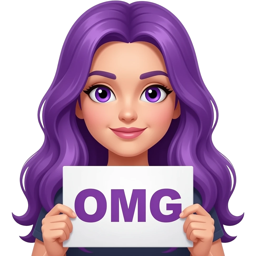 sexy girl with long purple hair and purple eyes holding a OMG sign emoji