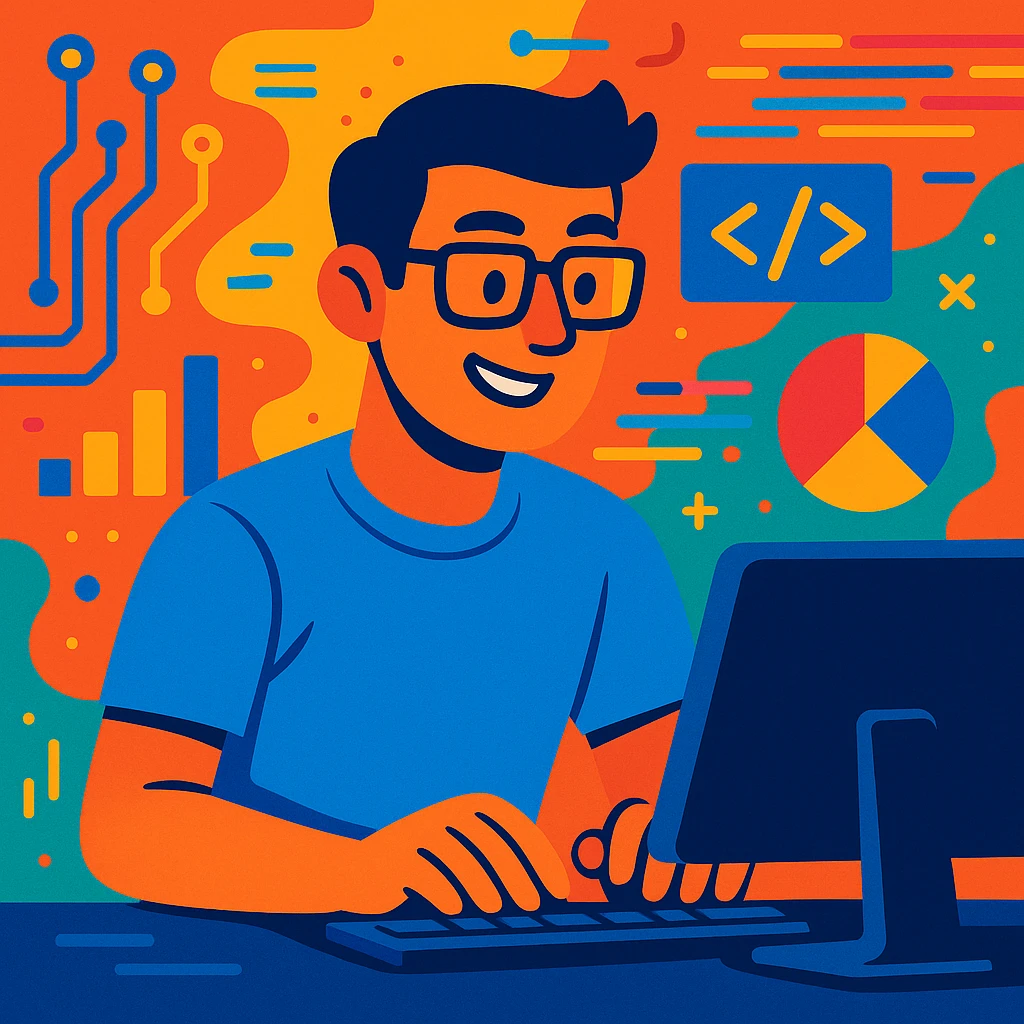 IT specialist at a computer, vibrant colors, energetic, techy background emoji